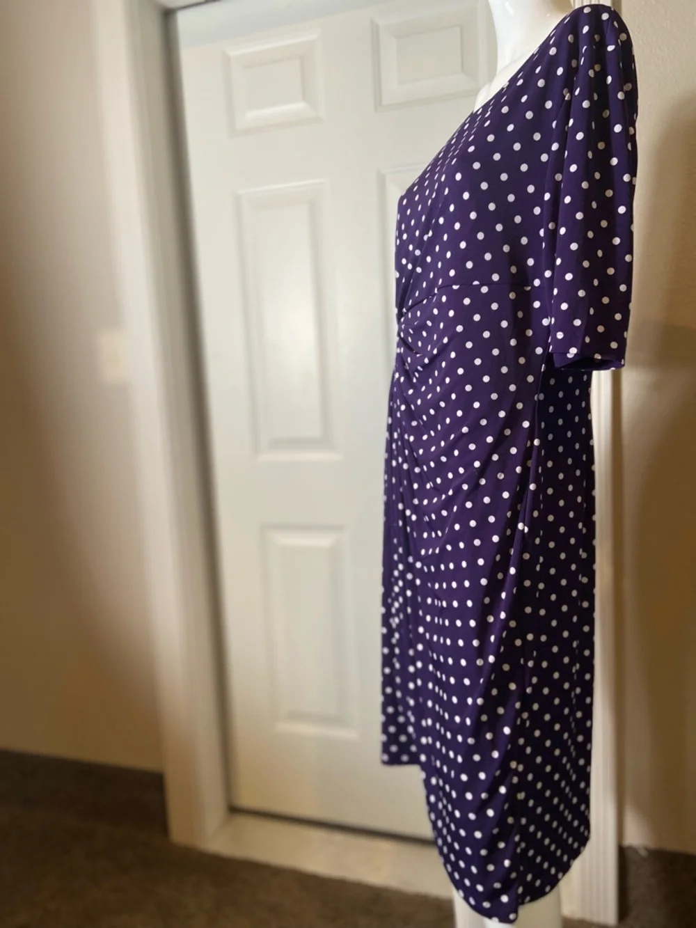 Connected Apparel~Polka Dot~Wrap Dress~Sunburst Side Pleats~1/2 Sleeve~Size 16
